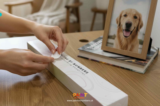 Person opening paint by numbers kit kept in a cardboard box with a photo of a dog in the background.