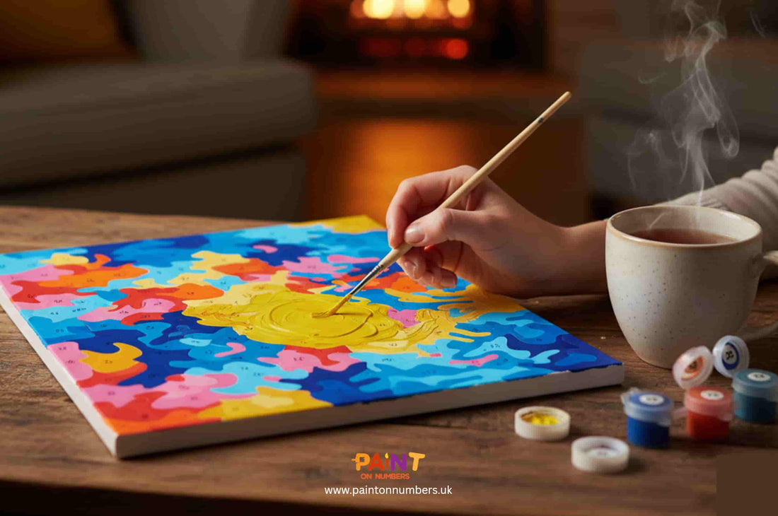 Hand painting a colorful paint by numbers canvas with a cup of tea beside it, creating a cozy and relaxing winter evening atmosphere.