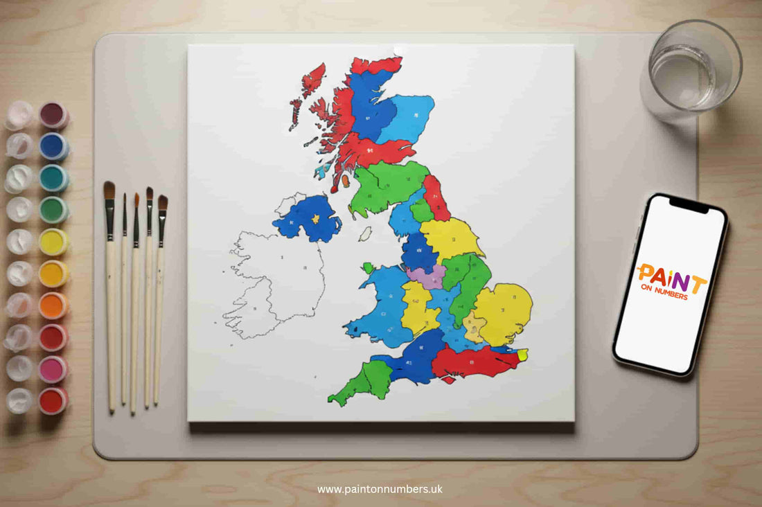 Paint by Numbers UK map canvas with brushes and paints laid out on a wooden table.