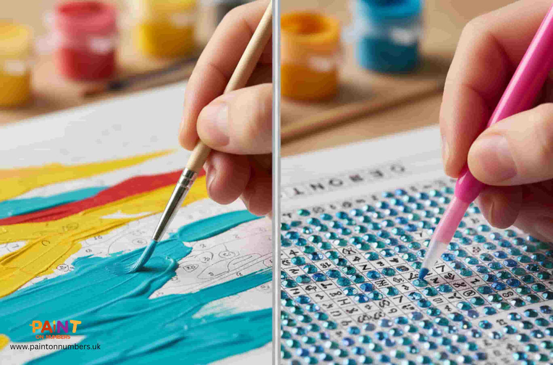 Side-by-side comparison of a person painting with a brush on a paint by numbers canvas and placing blue resin drills on a diamond painting canvas.