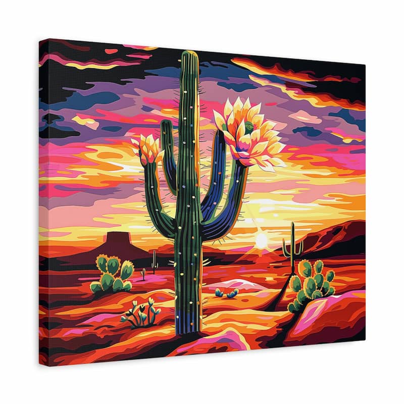 Tall cactus with blooming flowers in a colorful desert landscape during a vibrant sunset.