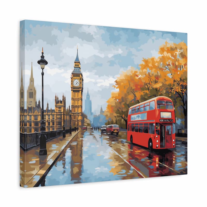 Iconic red double-decker bus on a rainy London street with Big Ben and autumn trees in the background.