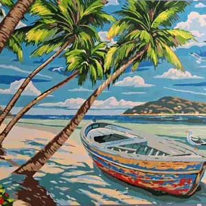 Colorful painting of a tropical beach with palm trees and a boat.