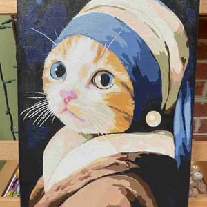 Cat wearing a blue headscarf with a pearl, inspired by 'Girl with a Pearl Earring'.