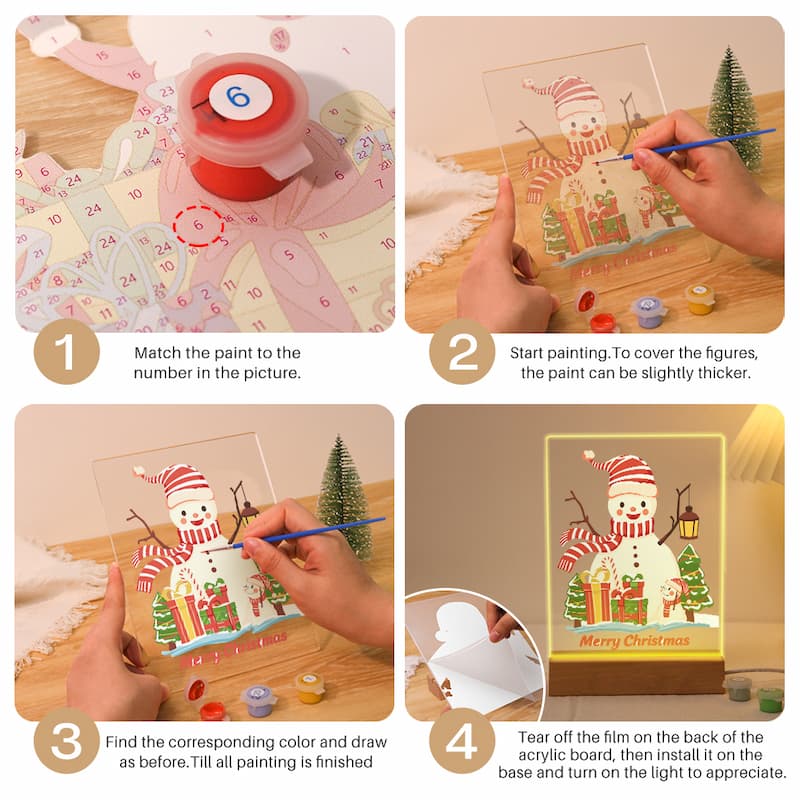 A four-step instructional collage showing how to use a Christmas snowman acrylic paint-by-numbers kit. The steps include matching paint to numbers, starting to paint, finding the corresponding color and drawing, and tearing off the film on the back of the acrylic board while it glows under light.