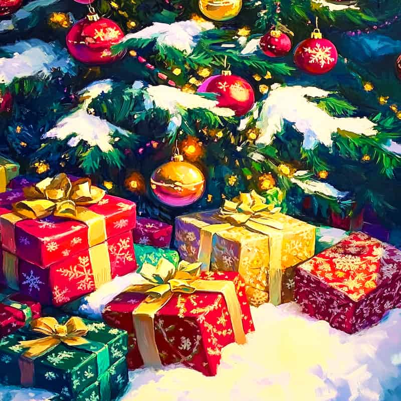 Colorful Christmas tree with ornaments and presents on a snowy ground