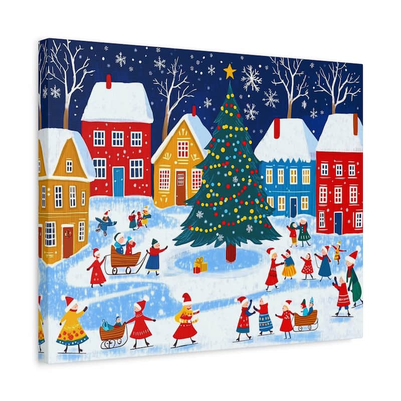 Christmas-themed wrapping paper with a snowy village scene, trees, and people.