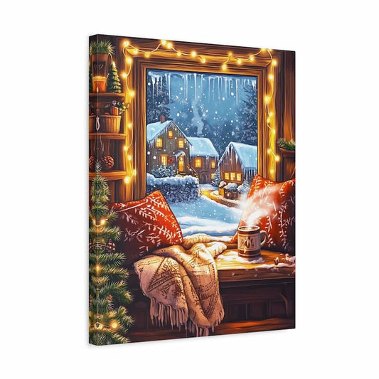 Canvas print of a cozy winter scene with a window view, Christmas tree, and warm blanket.