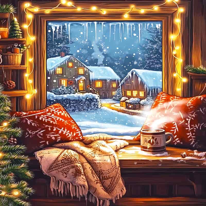 Cozy winter scene with a snowy village view from a window, decorated with lights and a Christmas tree.