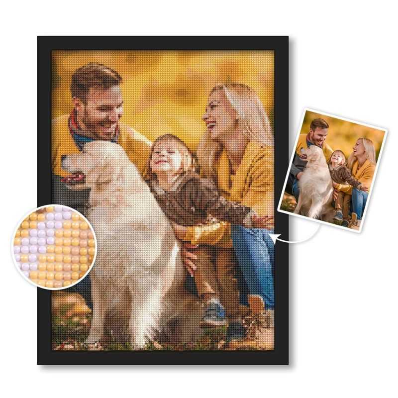 Framed family photo with a dog, close-up of diamond painting, and inset of the completed diamond painting.