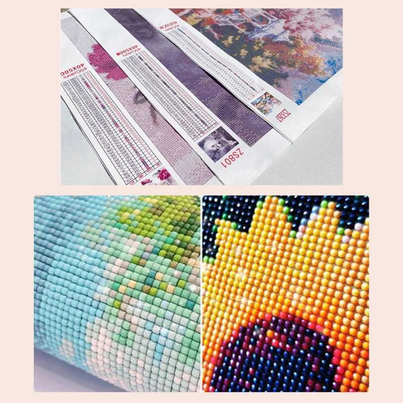 Collage of diamond painting kits with completed designs and materials.