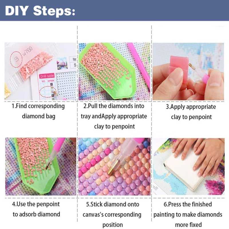 Step-by-step guide to a DIY diamond painting project with images and text instructions.