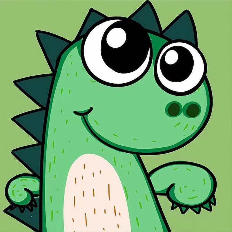 Cartoon dinosaur with large eyes on a green background