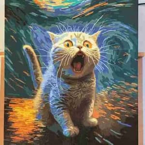 Painting of a cat with a surprised expression on a dark background
