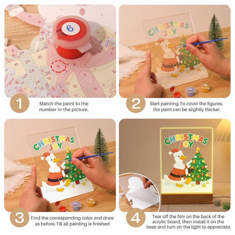 Four-panel step-by-step guide showing how to assemble and use a Christmas painting kit: matching paint to a numbered picture, starting to paint on a clear acrylic panel, finding and drawing the correct colors, and finally displaying the finished illuminated acrylic board with a glowing light.