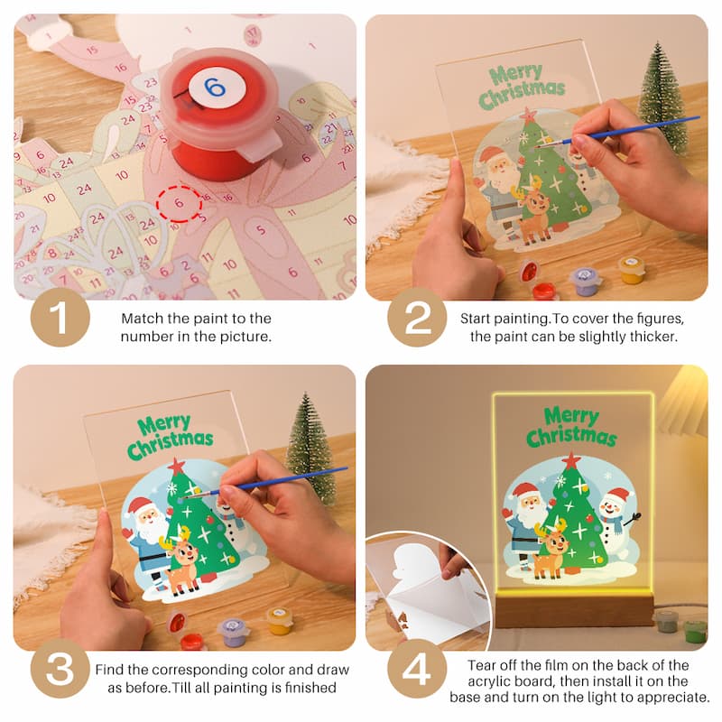 A four-step collage showing how to use a Christmas-themed acrylic painting kit. The kit includes a numbered paint palette, a red paint pot, and a clear acrylic board with a 'Merry Christmas' Santa Claus and tree design.