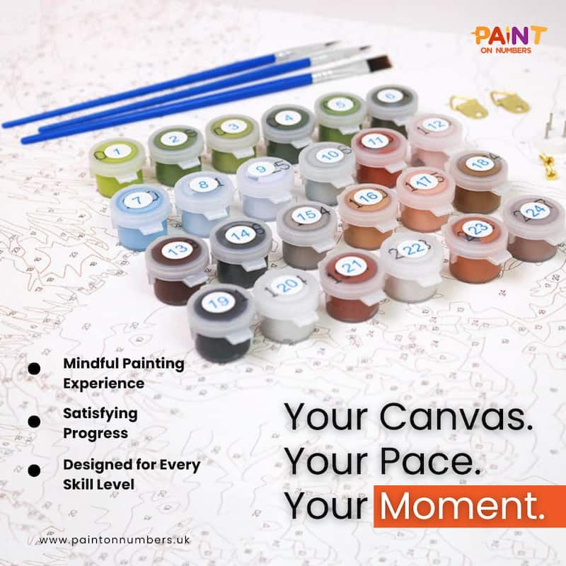 Set of paint pots with numbers and brushes on a textured surface, featuring the brand 'Paint on Numbers'.