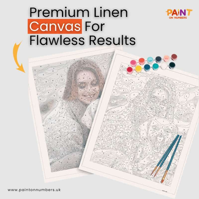 Two linen canvases with a detailed drawing of a face, accompanied by paintbrushes and paint tubes, on a light gray background.