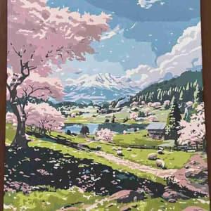 Scenic landscape with cherry blossom trees, a lake, and mountains.