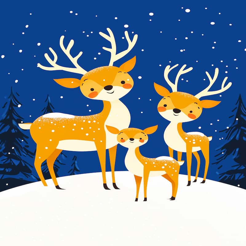 Illustration of a family of deer in a snowy landscape with a blue sky.