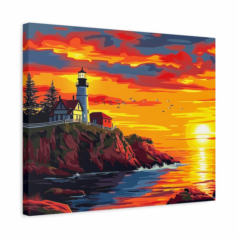 Canvas print of a lighthouse scene with a vibrant sunset sky.
