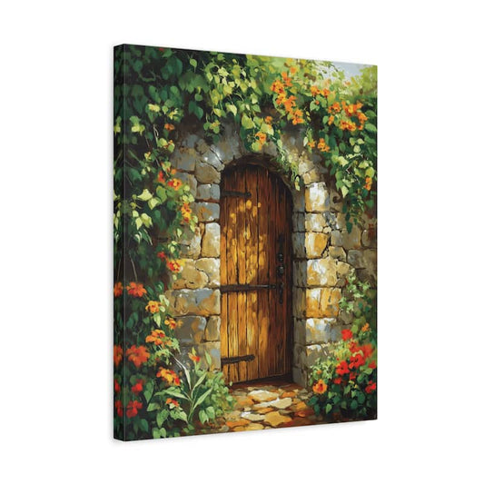 Canvas print of a stone archway with a wooden door surrounded by flowers and foliage.