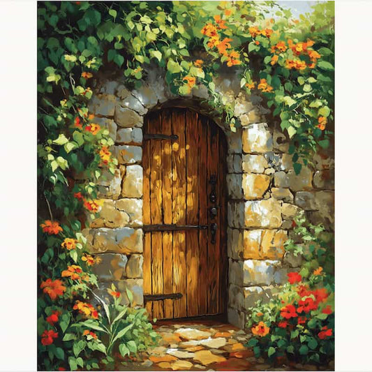 Painting of a wooden door set in a stone wall with overgrown plants and flowers.