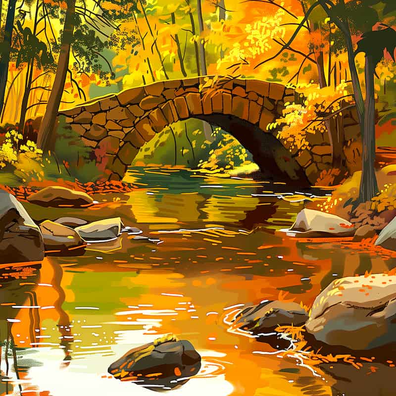Stone bridge over a stream in a forest with autumn foliage