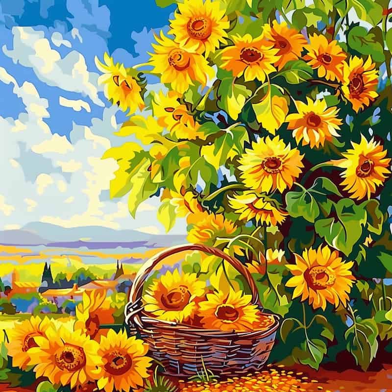 Painting of sunflowers with a basket and a scenic background