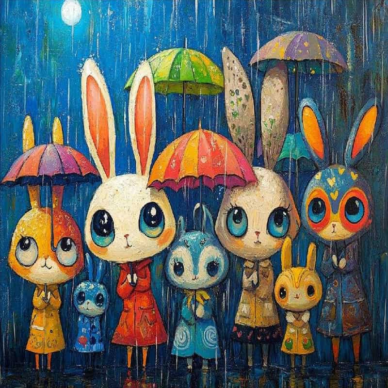 Illustration of cartoon bunnies with colorful umbrellas and raincoats in a rainy scene.