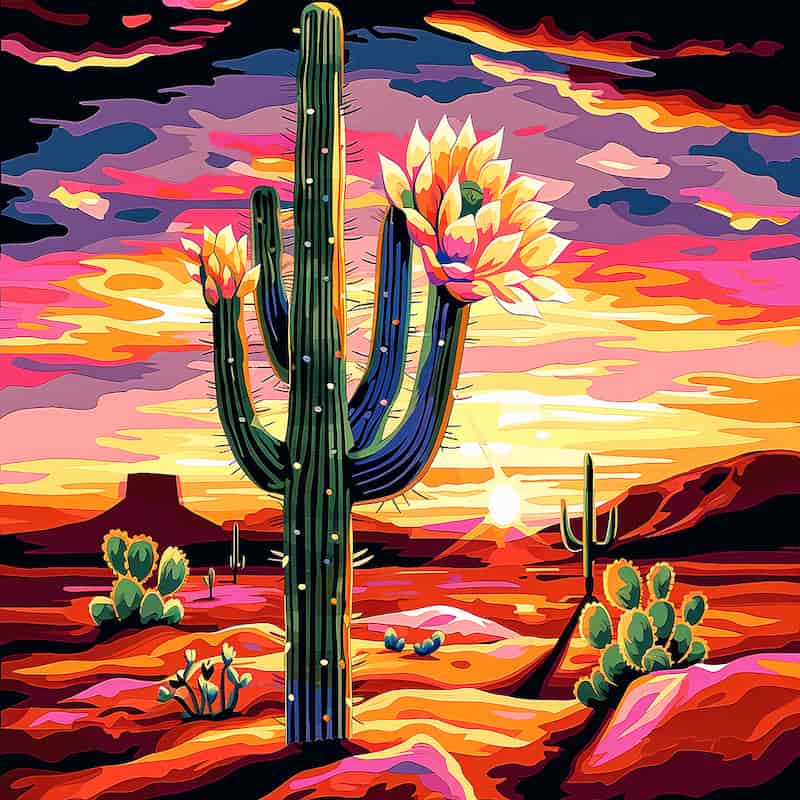 Colorful desert scene with a cactus and flowers against a vibrant sunset sky.