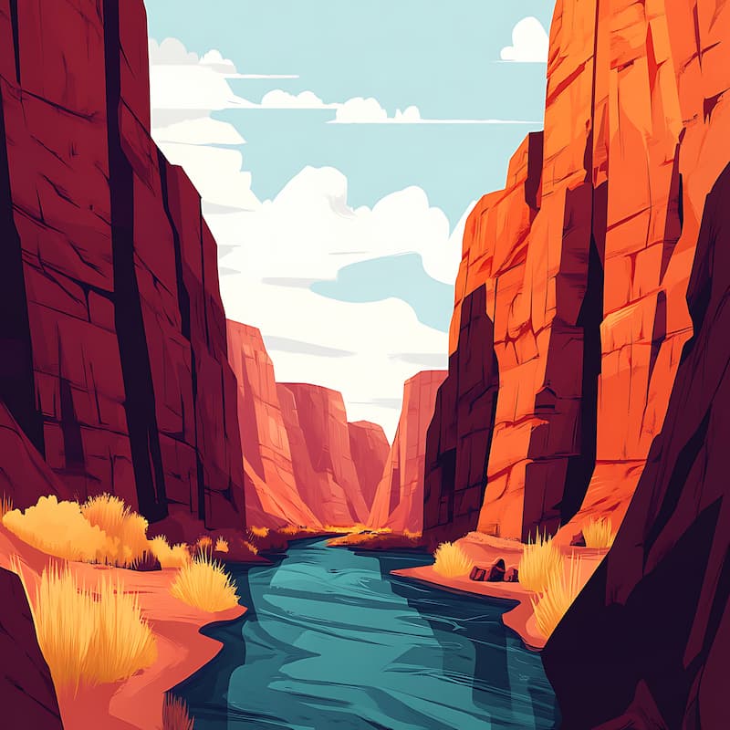 Illustration of a desert canyon with red rock formations and a blue river.