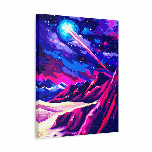 Canvas print of a vibrant space scene with mountains and a comet.