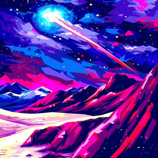 Colorful mountain landscape with a bright blue light and pink beams