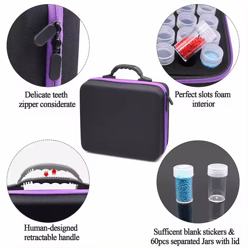 Diamond painting storage case with durable zipper, foam insert, carry handle, and 60 storage jars for organizing diamond painting drills and accessories.