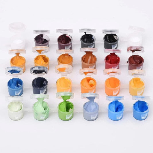 Set of small containers with colorful acrylic paint on a white background