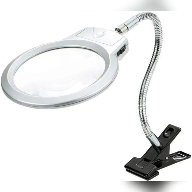 Magnifying glass with flexible arm and clip on a white background