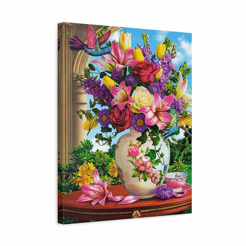 Canvas print with a colorful floral arrangement and hummingbirds on a white background