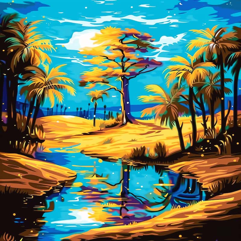 Colorful tropical landscape with palm trees and a reflective water body.