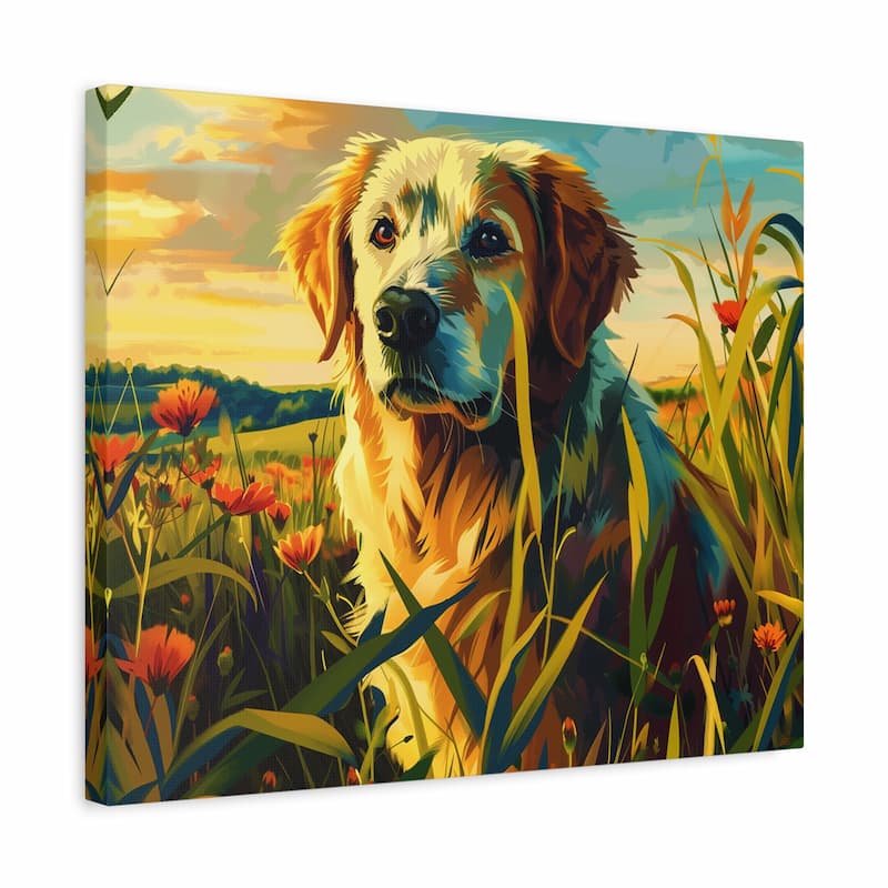 Canvas print of a dog in a field with flowers and a sunset