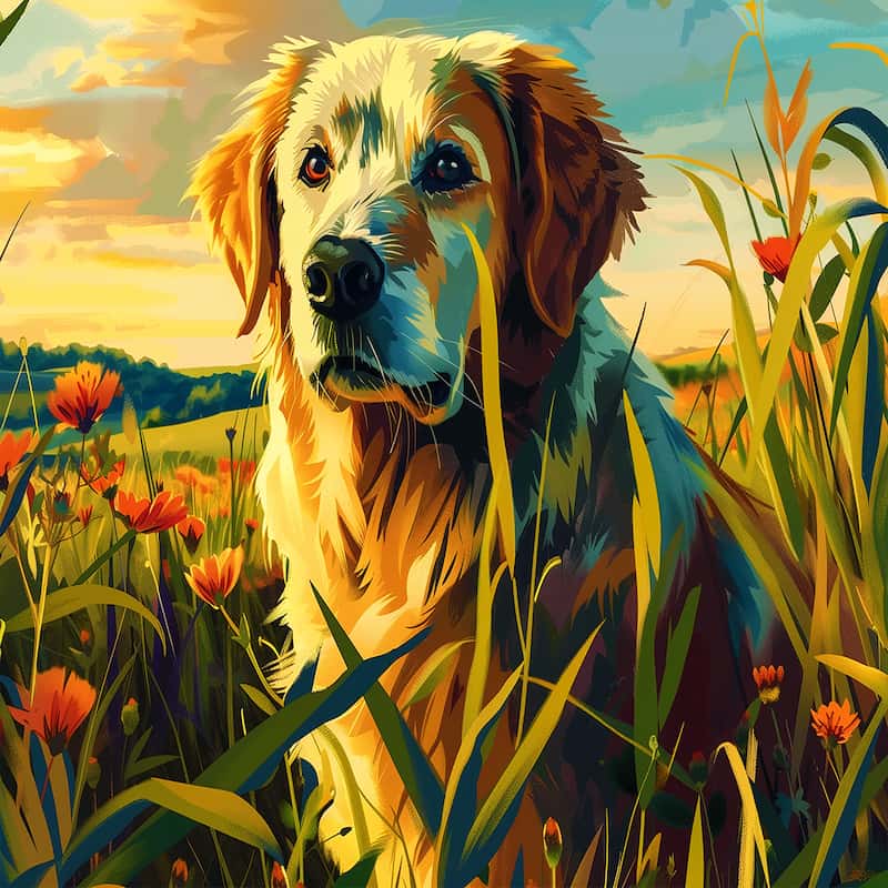 Colorful painting of a dog in a field with flowers and a sunset.