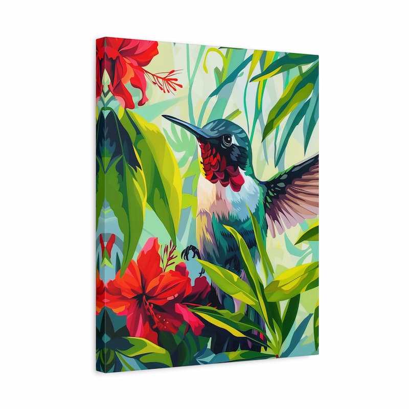Canvas print of a colorful hummingbird and tropical flowers on a white background