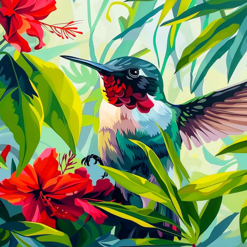 Colorful illustration of a hummingbird among tropical flowers and leaves