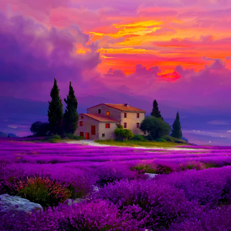 Lavender field with a house and cypress trees under a vibrant sunset sky.