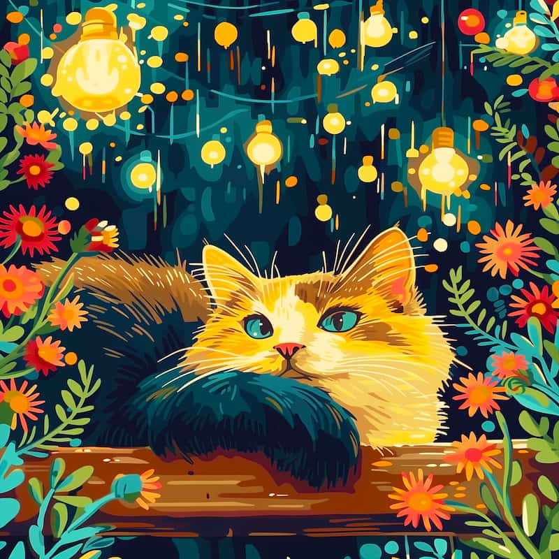 Cat with blue eyes surrounded by colorful flowers and lights