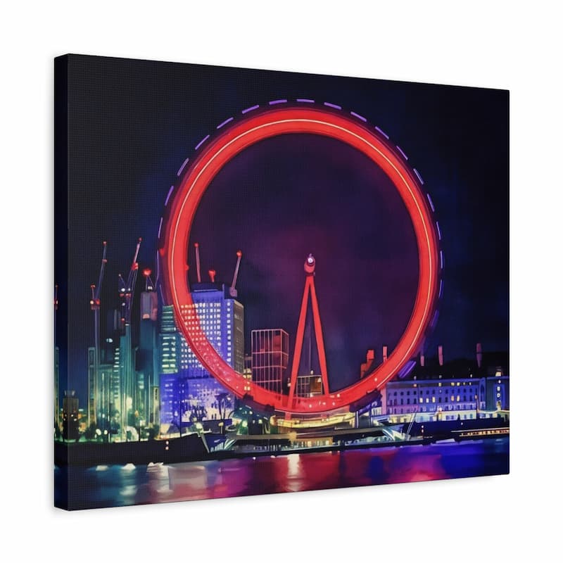 Canvas print of the London Eye at night with vibrant colors.