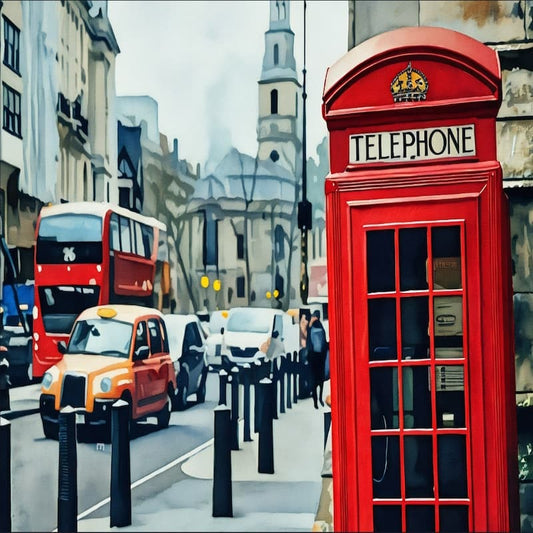 Red telephone box on a london city street with a double-decker bus and taxi in the background.