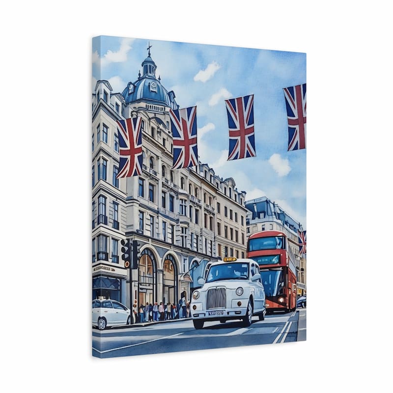 Canvas print of a London street scene with a double-decker bus and British flags.