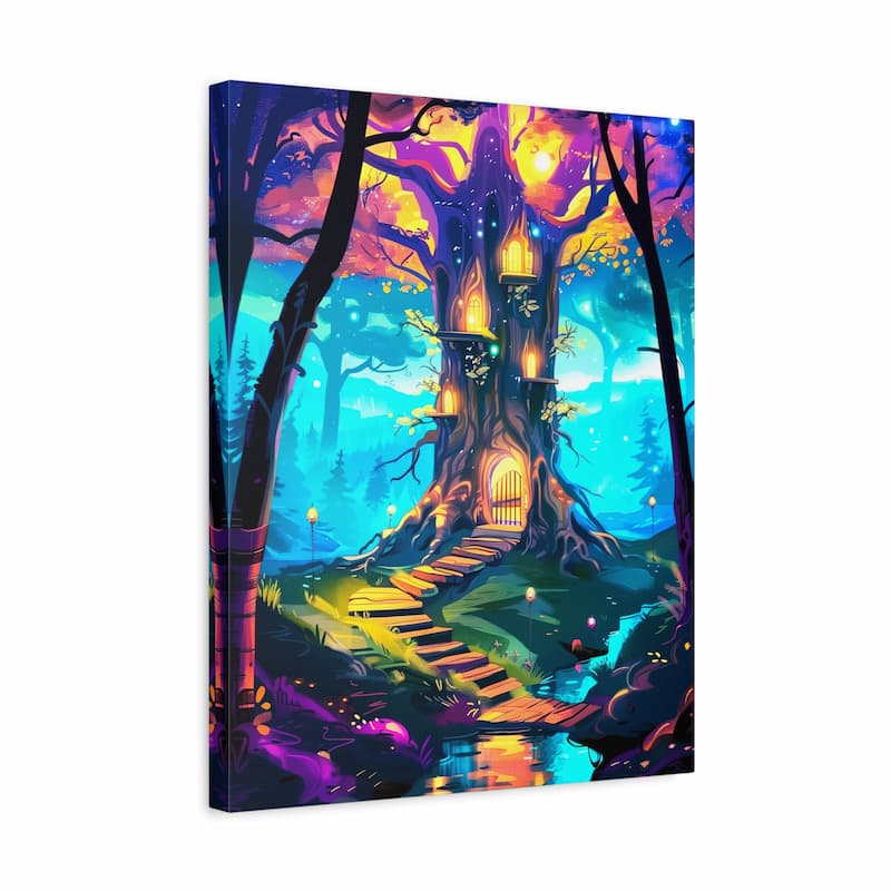 Canvas print of a fantasy forest scene with a glowing treehouse.
