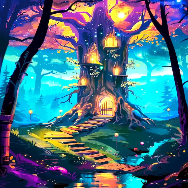 Colorful fantasy scene with a treehouse in a mystical forest